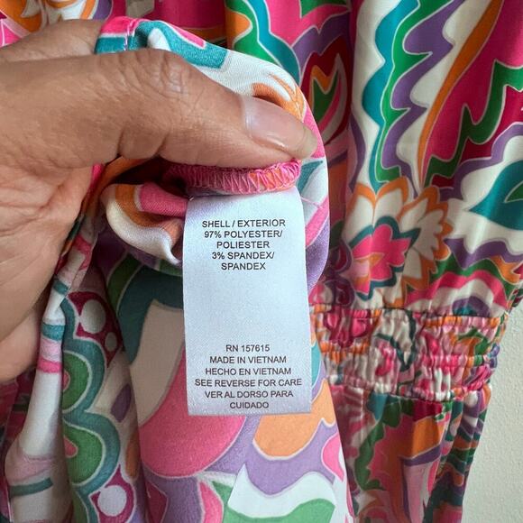 Nicole Miller Dress Womens L Pink Multi Satin Floral Abstract Pocket Ruffle Mini - Picture 9 of 10